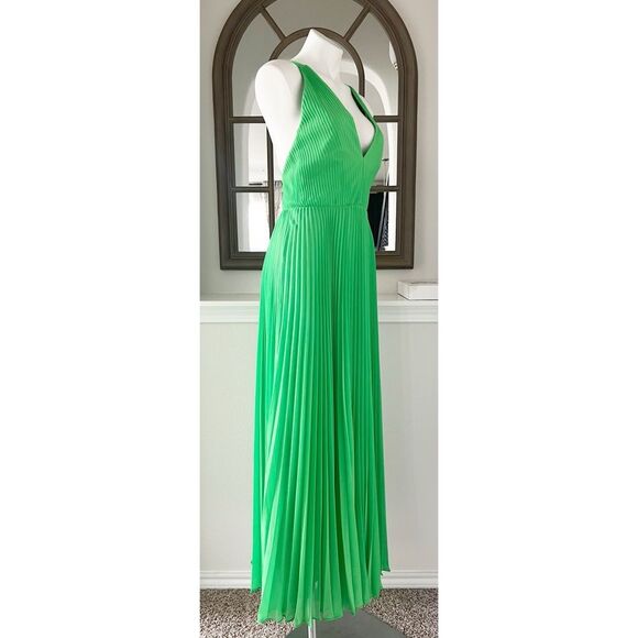 MILLY Oria Pleated Sleeveless Cross Back Dress, Kelly Green, NWT, Size 6 - Picture 11 of 16